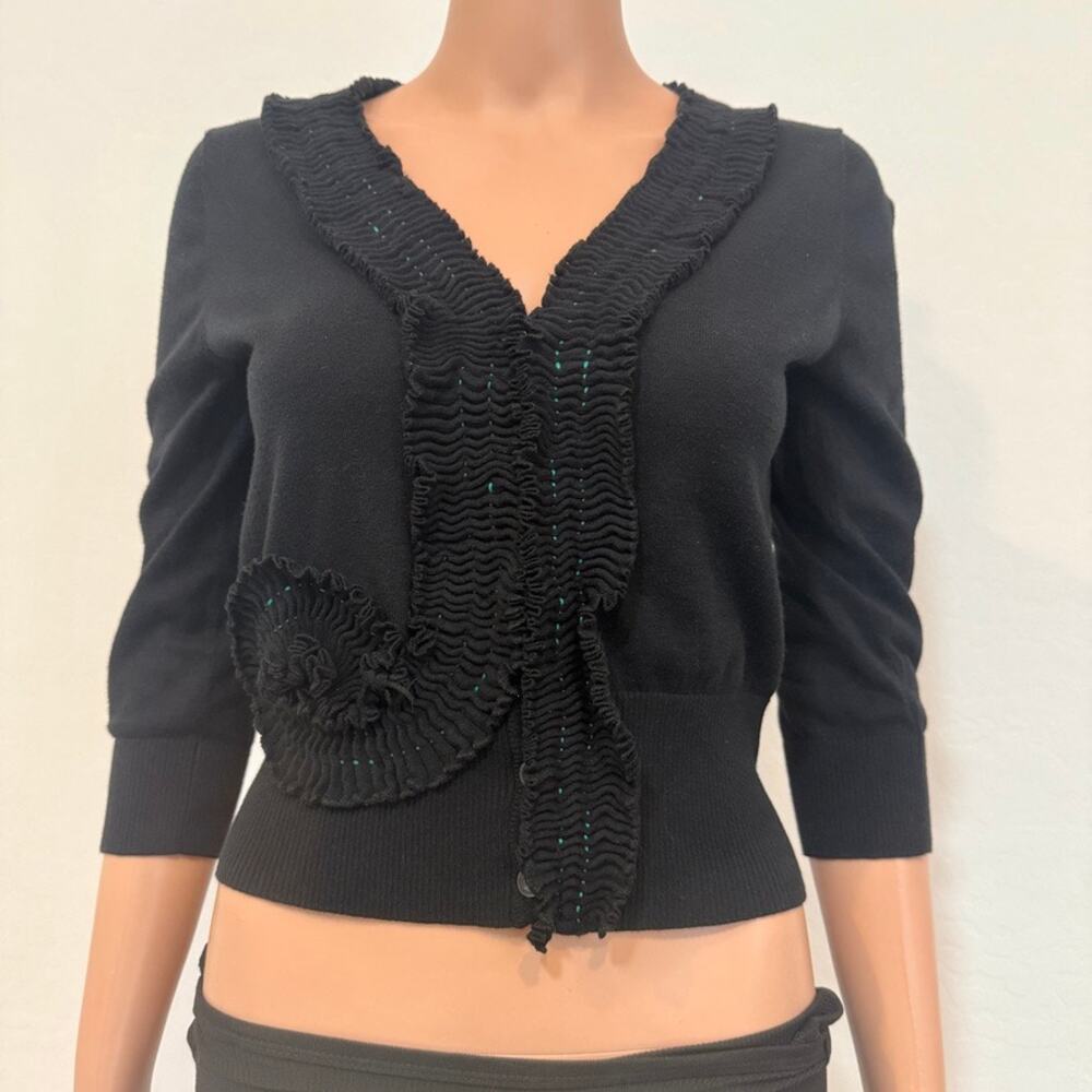 Anthropologie Sparrow medium ruffle trim cropped 1/2 sleeve cardigan SP 2750 - Picture 10 of 11